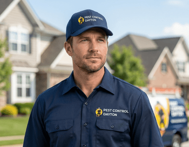 Pest Control Dayton exterminator in uniform outside a home