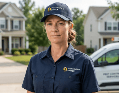 Female Pest Control Dayton technician standing outside a home