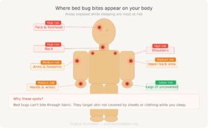 Illustrated body map showing where bed bug bites commonly appear — face, neck, arms, hands, and shoulders