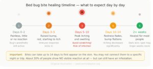 Healing timeline showing bed bug bite stages from day 0 to 2 weeks with bite appearance at each stage