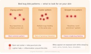Three types of bed bug bite patterns illustrated on skin — zigzag, cluster, and straight line