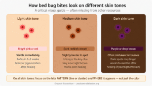 Bed bug bites illustrated on light, medium, and dark skin tones showing color differences