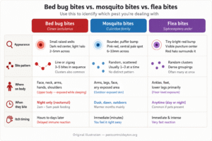 Comparison chart of bed bug bites, mosquito bites, and flea bites showing appearance, pattern, location, and itch timing