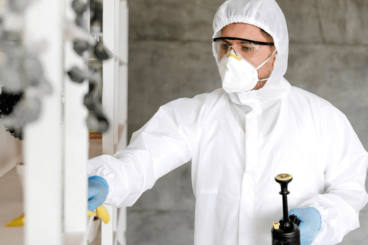 Pest control professional applying treatment with a hand sprayer
