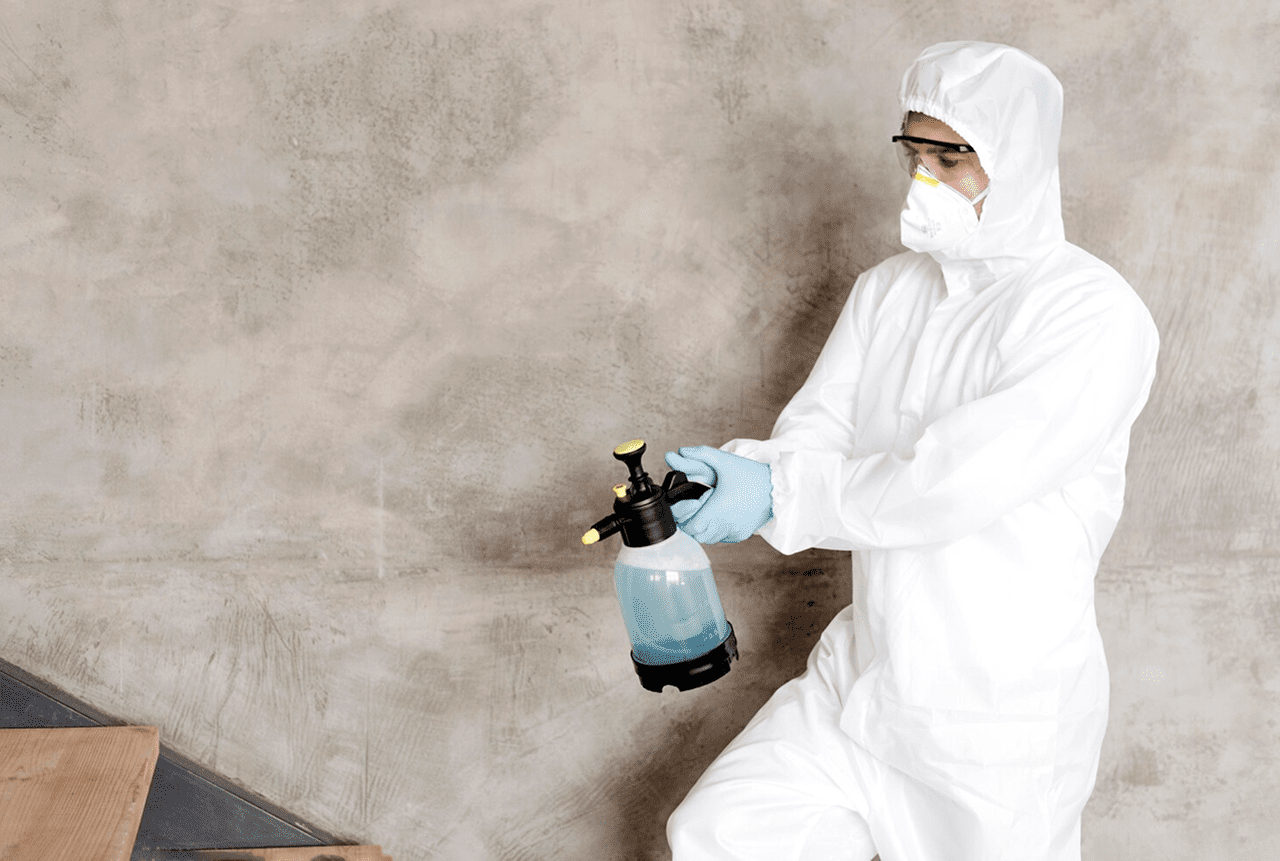 Exterminator applying pest treatment along an indoor wall